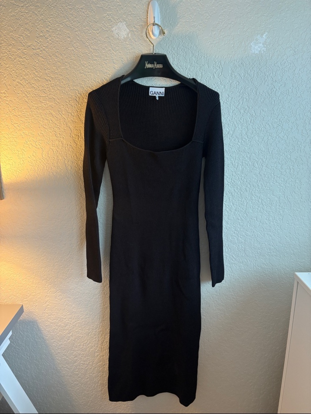 Ganni Black Ribbed Square-Neck Long Sleeve Midi Dress